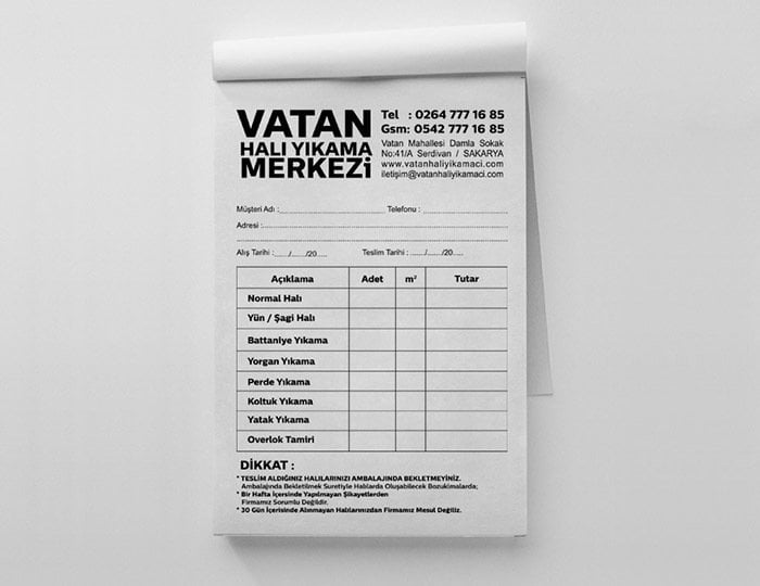 A6 Halı Yıkama Teslim Fişi