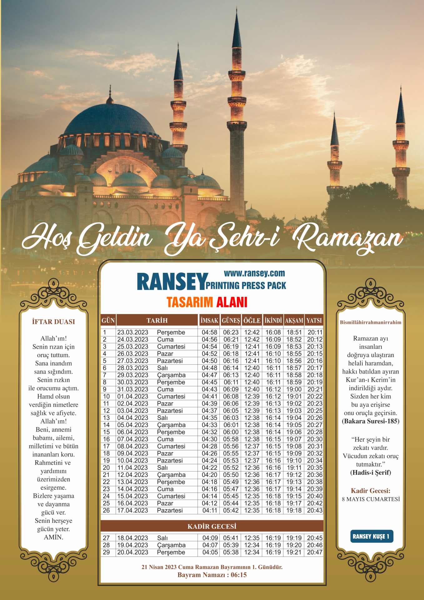 Kuşe İmsakiye 1.000 Adet Kampanyalı Ürün