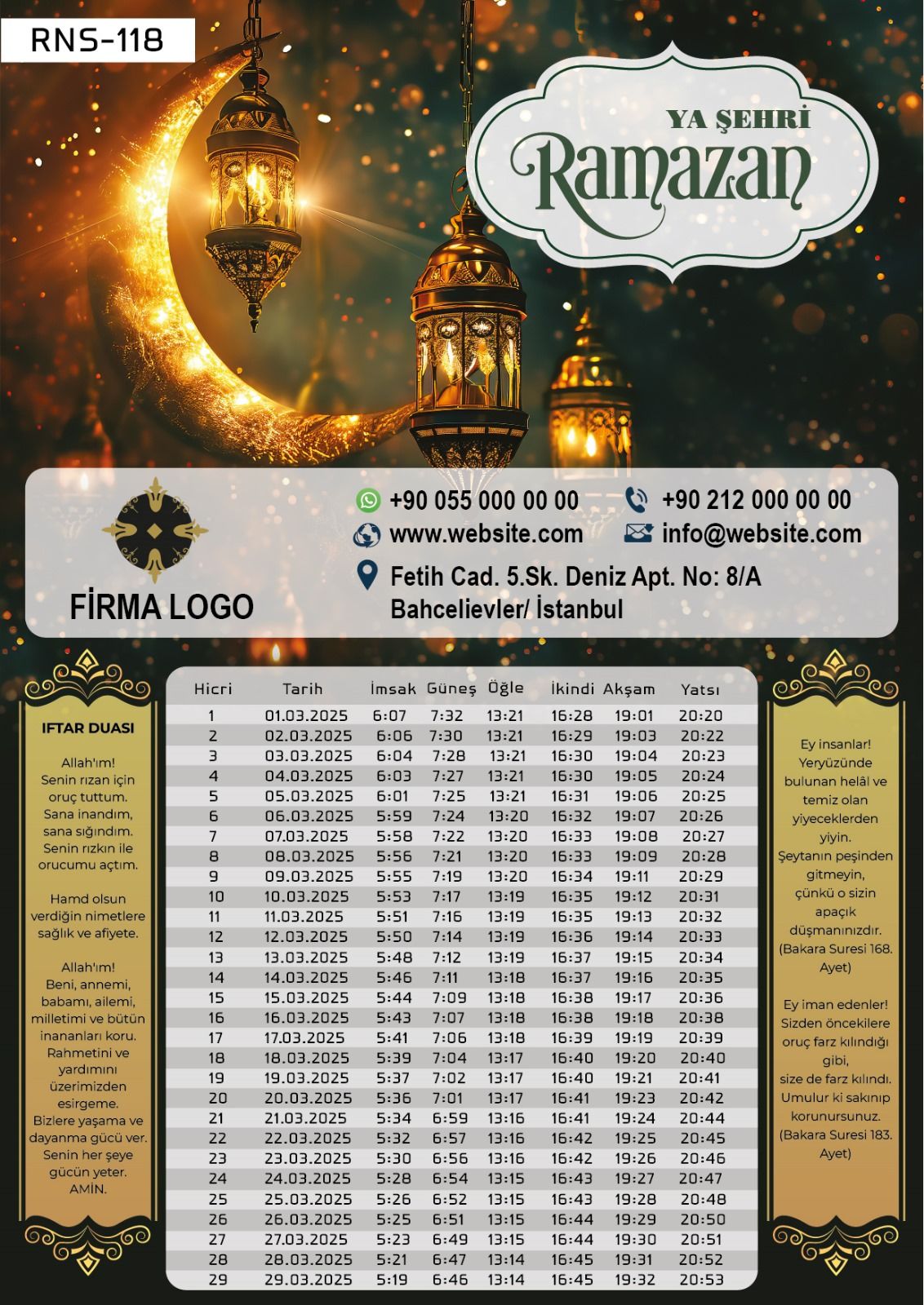 Özel Baskılı Ramazan İmsakiyesi